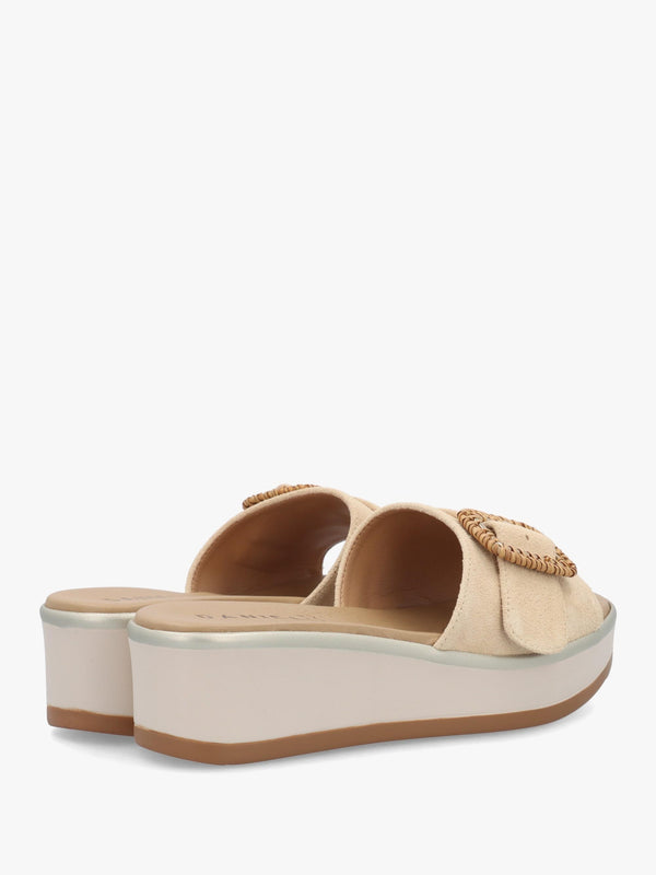 Rowhip Beige Suede Woven Buckle Flatform Mules