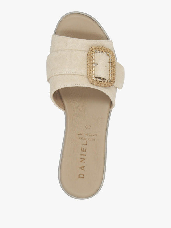 Rowhip Beige Suede Woven Buckle Flatform Mules