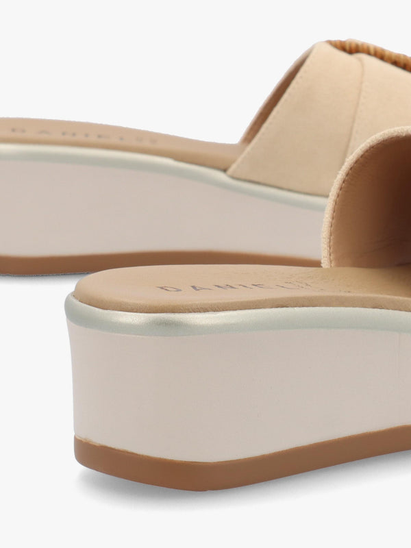 Rowhip Beige Suede Woven Buckle Flatform Mules
