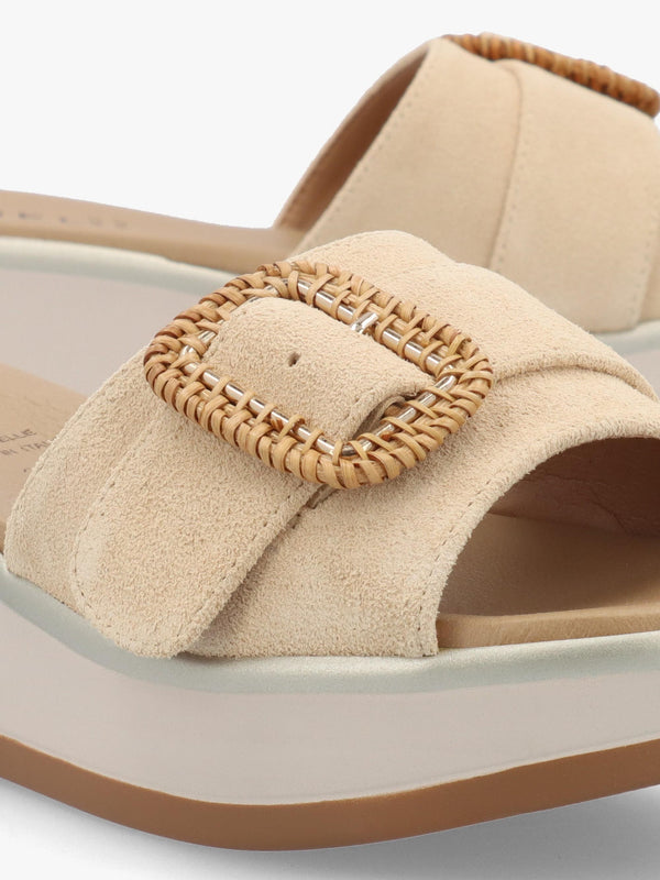 Rowhip Beige Suede Woven Buckle Flatform Mules