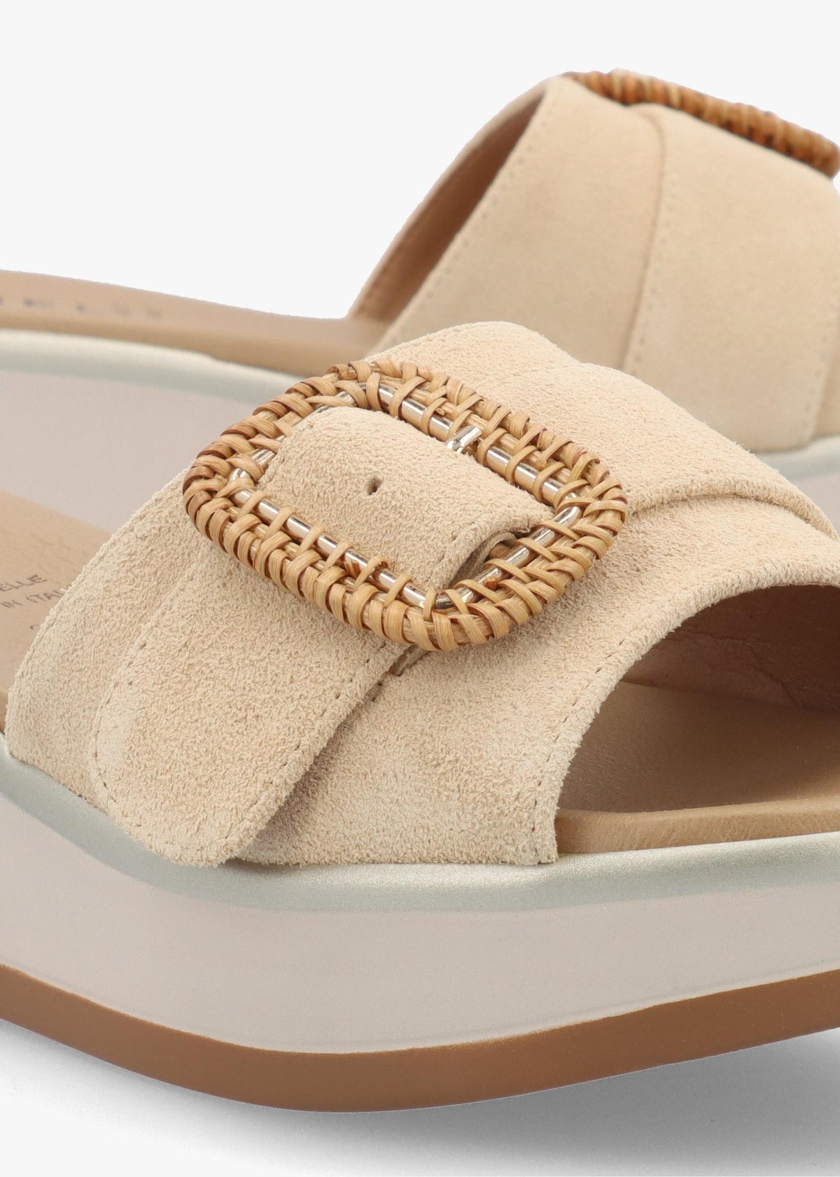 Rowhip Beige Suede Woven Buckle Flatform Mules