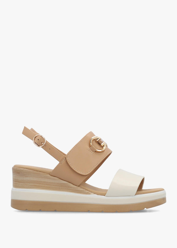 Rovell Beige Leather Snaffle Low Wedge Sandals