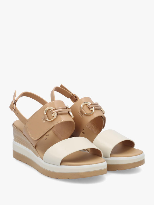 Rovell Beige Leather Snaffle Low Wedge Sandals