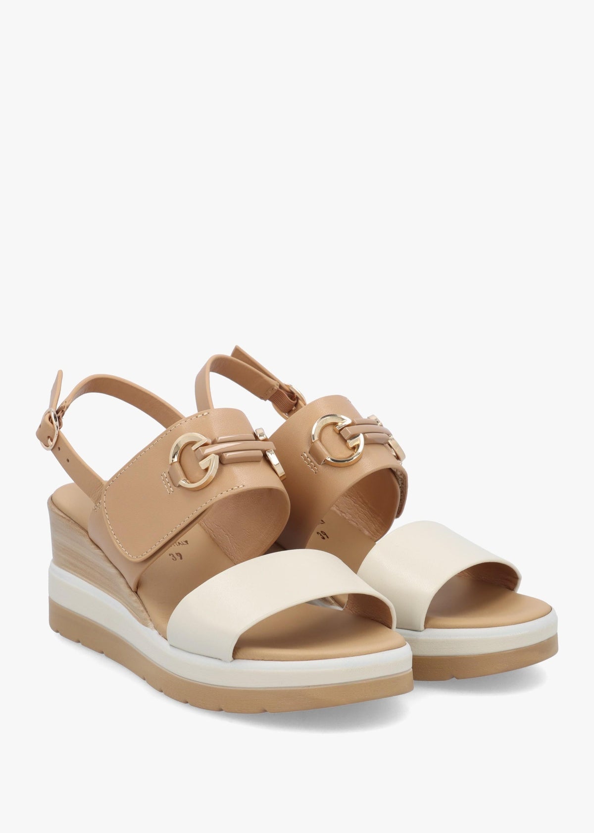 Rovell Beige Leather Snaffle Low Wedge Sandals