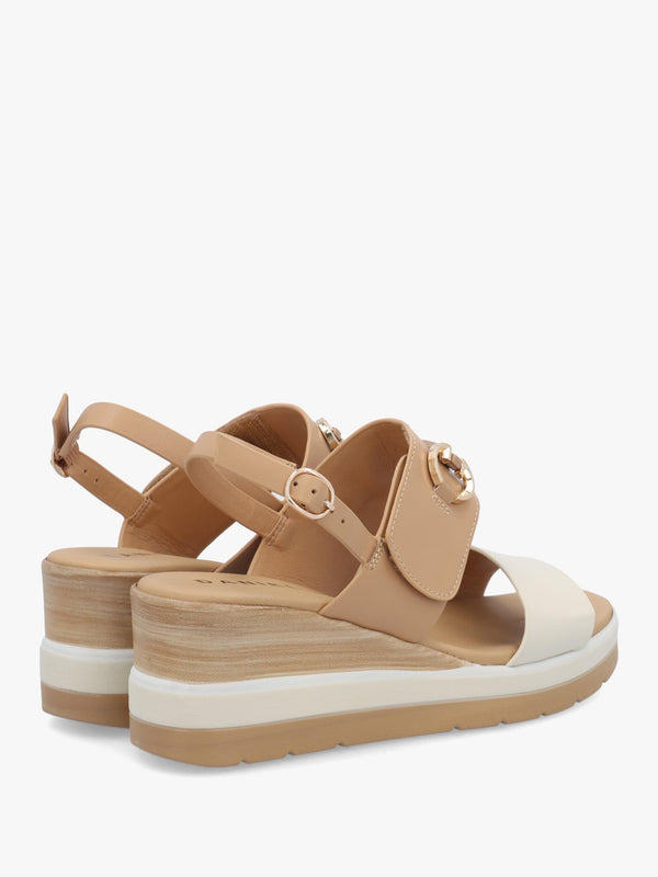Rovell Beige Leather Snaffle Low Wedge Sandals