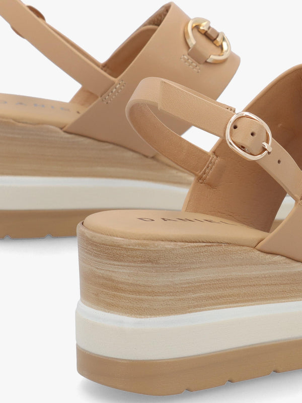 Rovell Beige Leather Snaffle Low Wedge Sandals