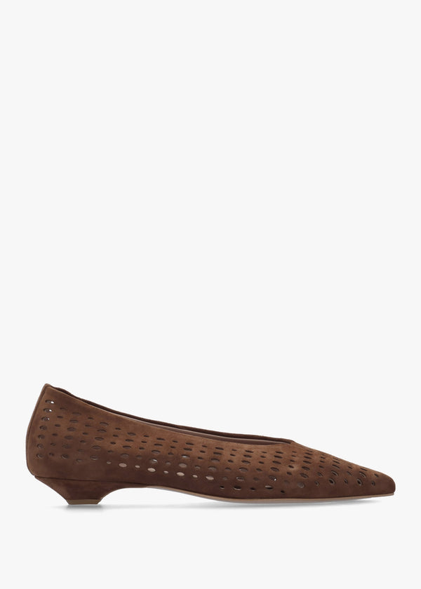 Sicily Tan Suede Perforated Flat Pumps