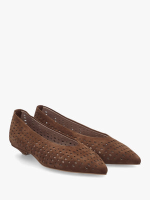 Sicily Tan Suede Perforated Flat Pumps