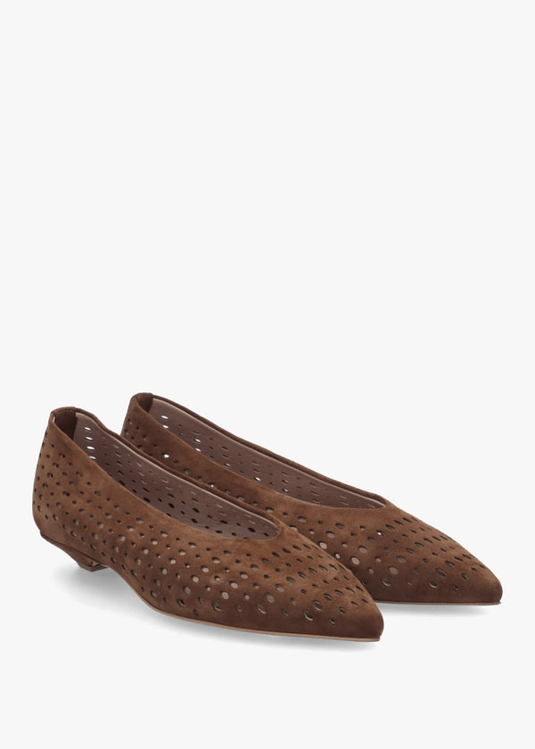 Sicily Tan Suede Perforated Flat Pumps