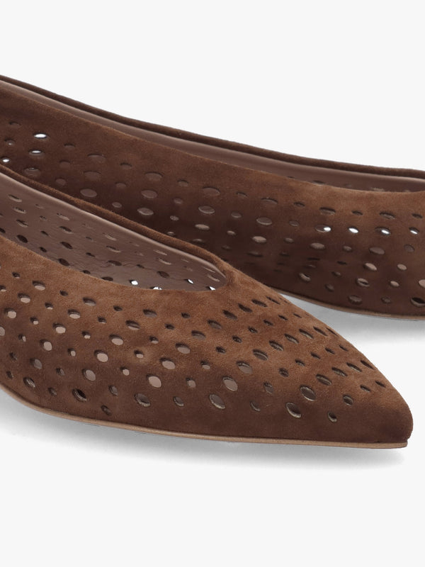Sicily Tan Suede Perforated Flat Pumps