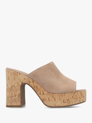 Silken Beige Suede Cork Platform Heeled Mules