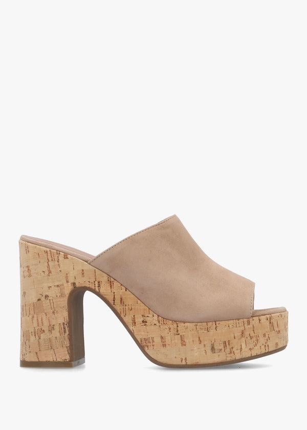 Silken Beige Suede Cork Platform Heeled Mules