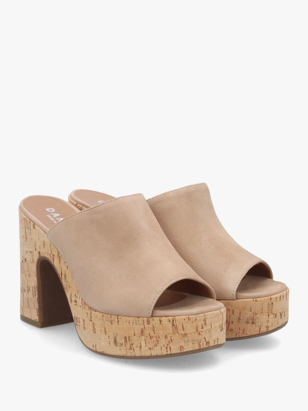 Silken Beige Suede Cork Platform Heeled Mules