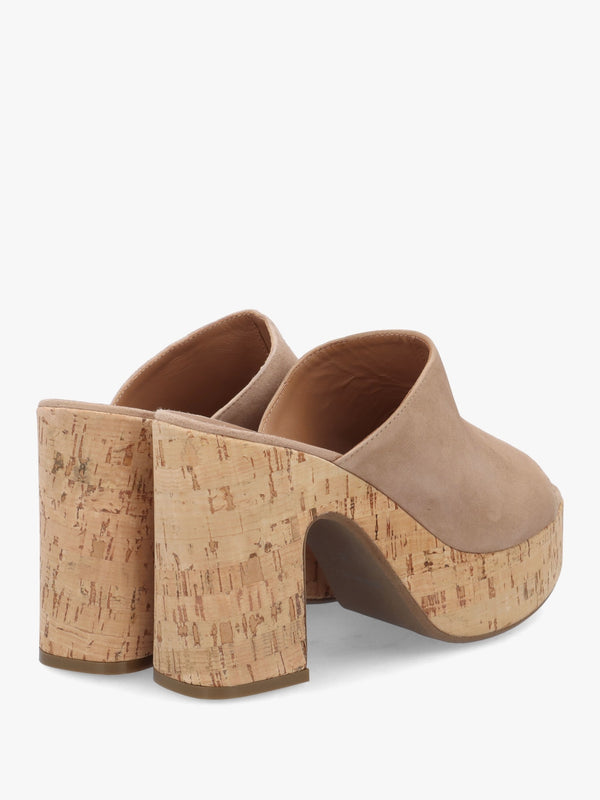 Silken Beige Suede Cork Platform Heeled Mules