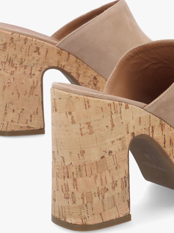 Silken Beige Suede Cork Platform Heeled Mules