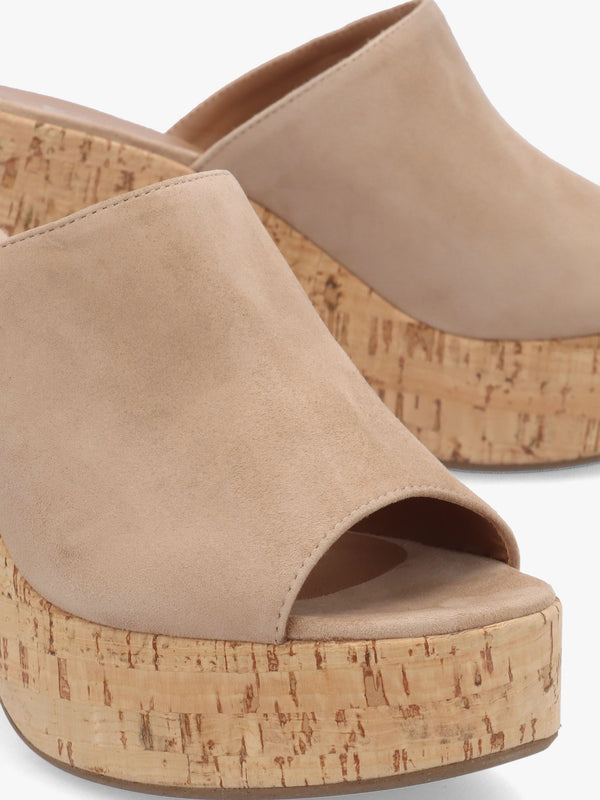 Silken Beige Suede Cork Platform Heeled Mules