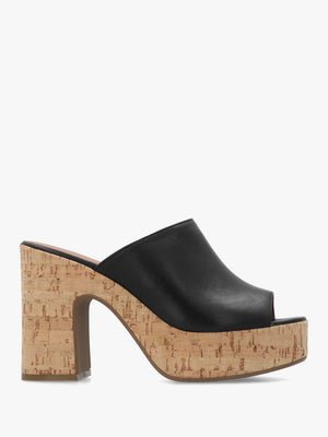 Silken Black Leather Cork Platform Heeled Mules