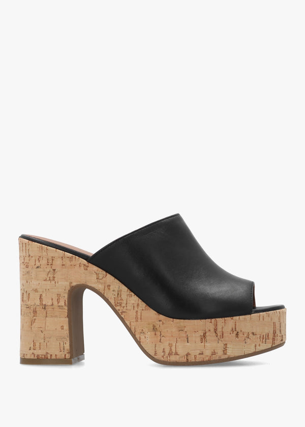 Silken Black Leather Cork Platform Heeled Mules
