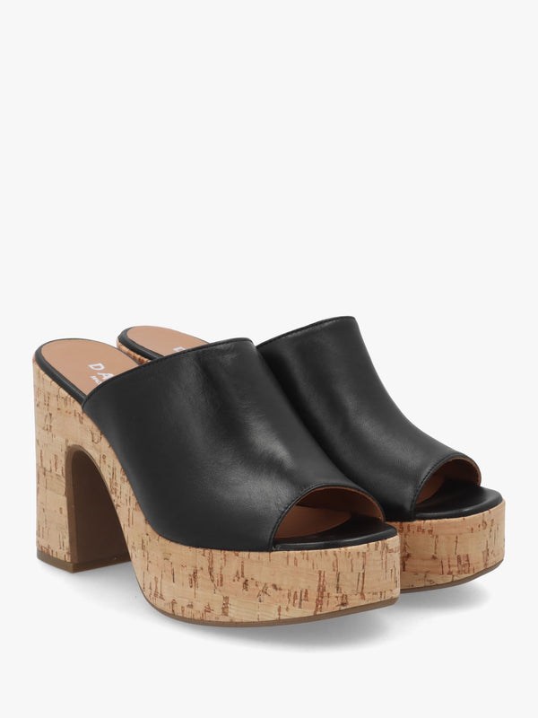 Silken Black Leather Cork Platform Heeled Mules