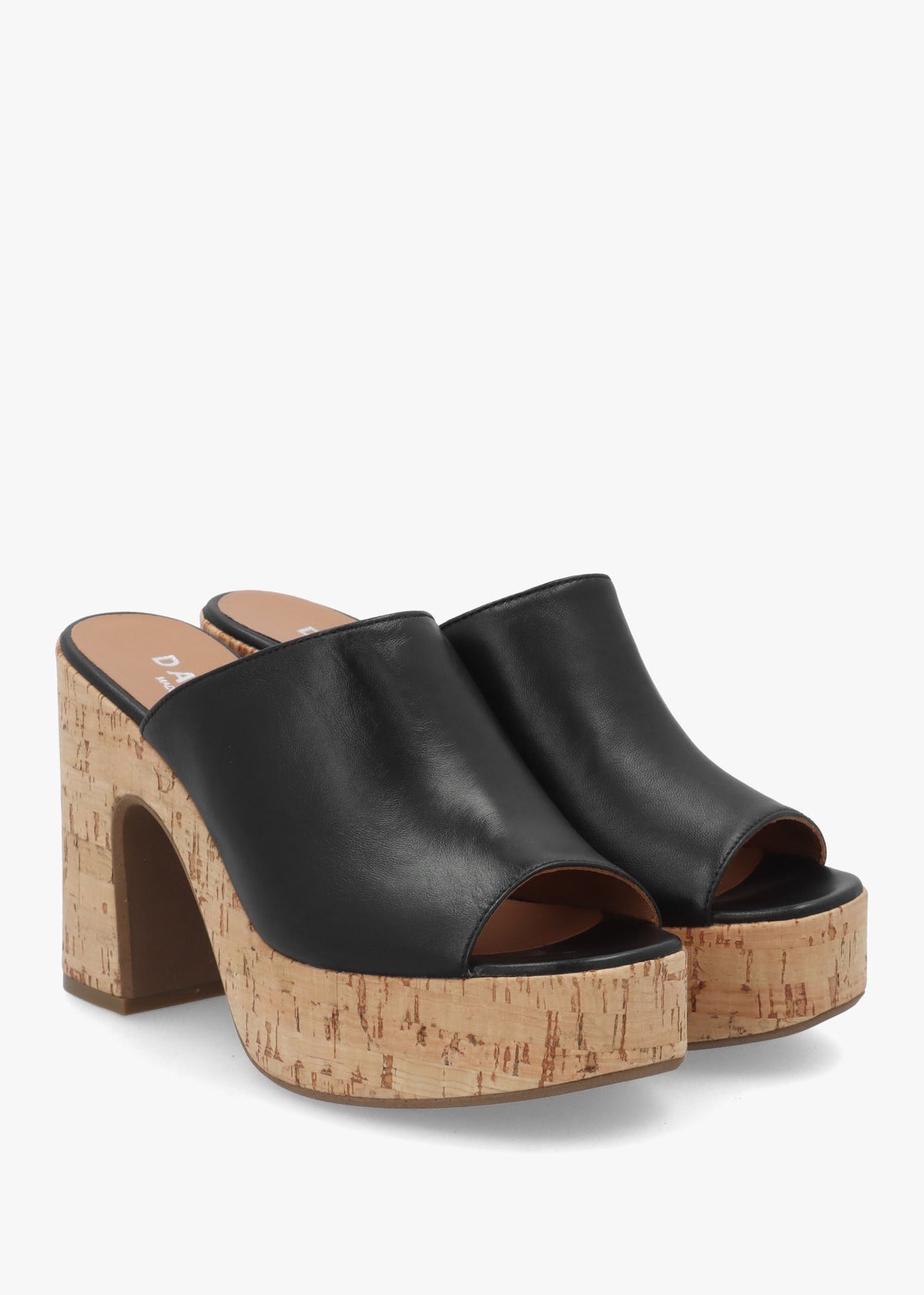 Silken Black Leather Cork Platform Heeled Mules
