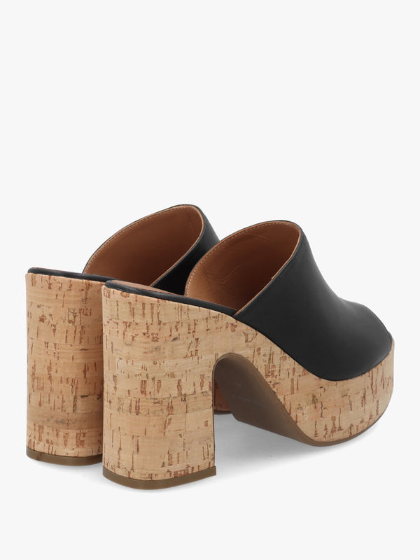 Silken Black Leather Cork Platform Heeled Mules