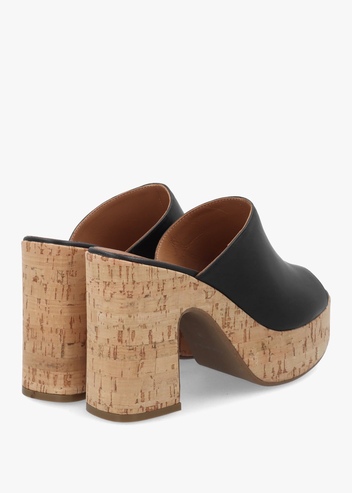 Silken Black Leather Cork Platform Heeled Mules