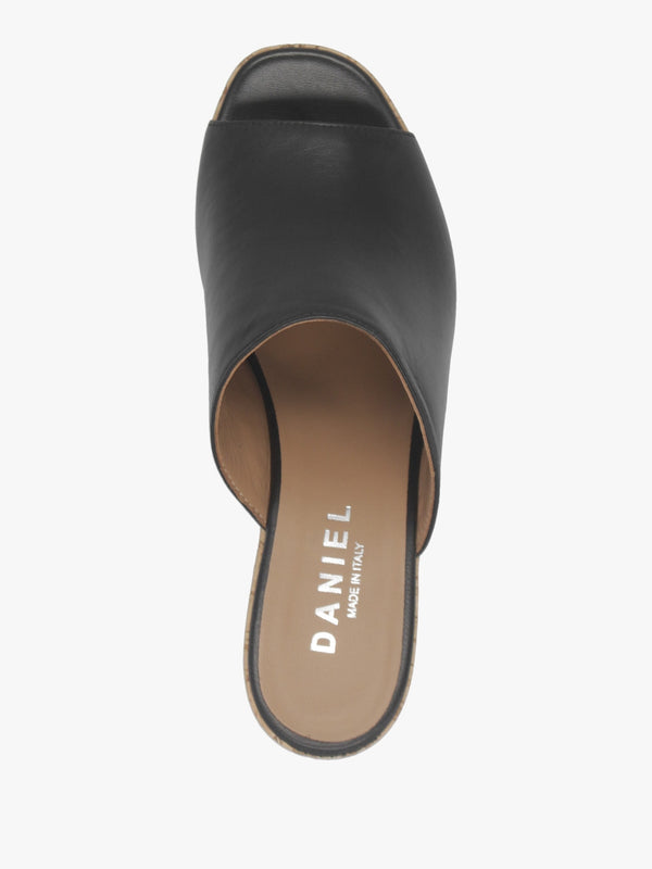 Silken Black Leather Cork Platform Heeled Mules