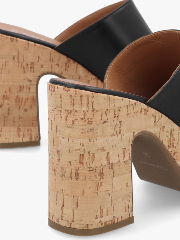 Silken Black Leather Cork Platform Heeled Mules