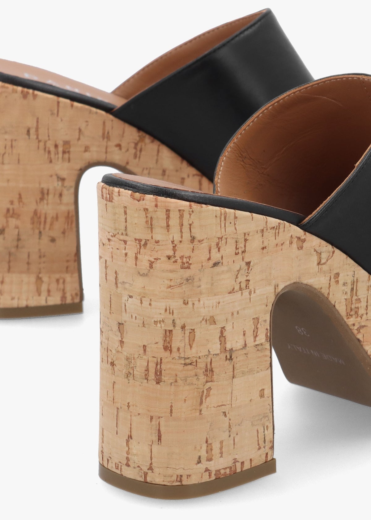Silken Black Leather Cork Platform Heeled Mules