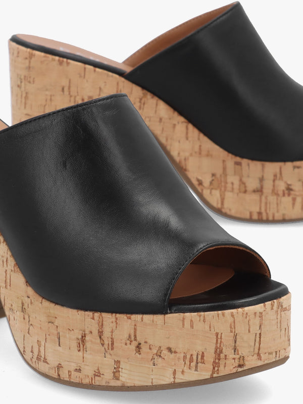 Silken Black Leather Cork Platform Heeled Mules