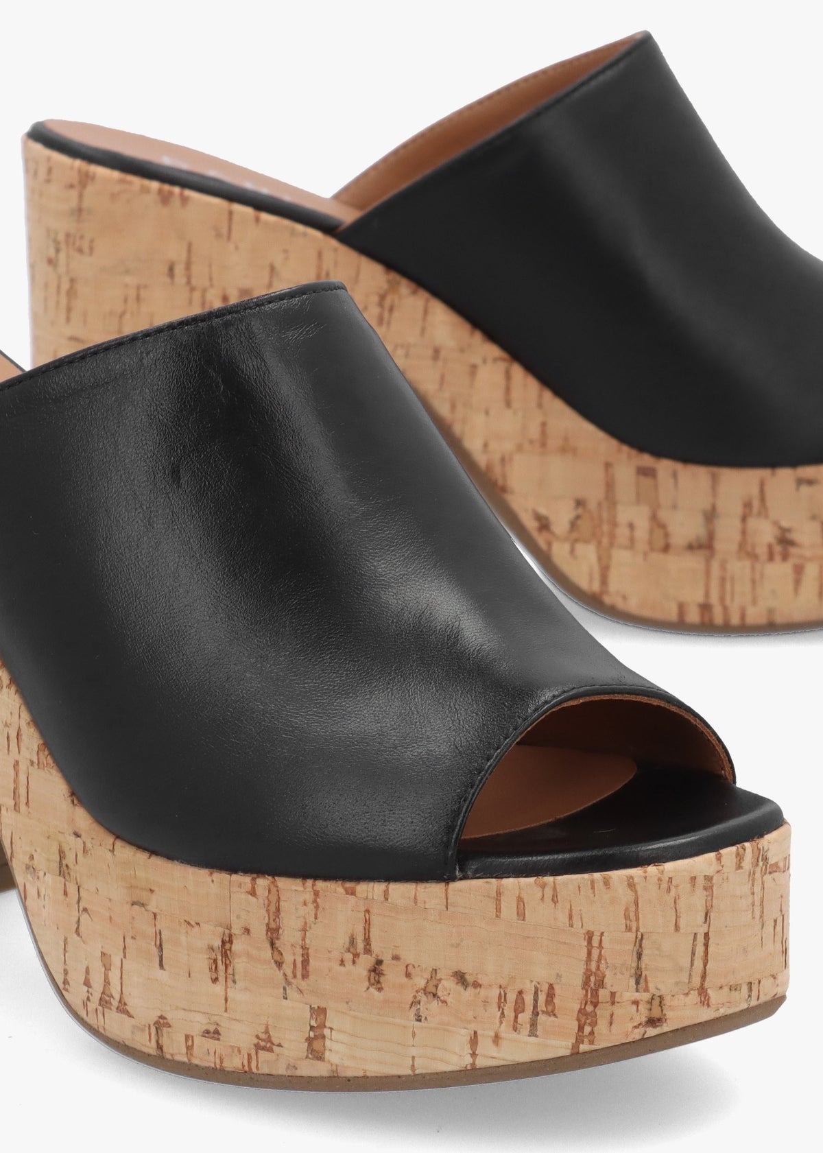 Silken Black Leather Cork Platform Heeled Mules