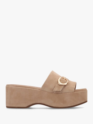Slate Beige Suede One Bar Flatform Mules