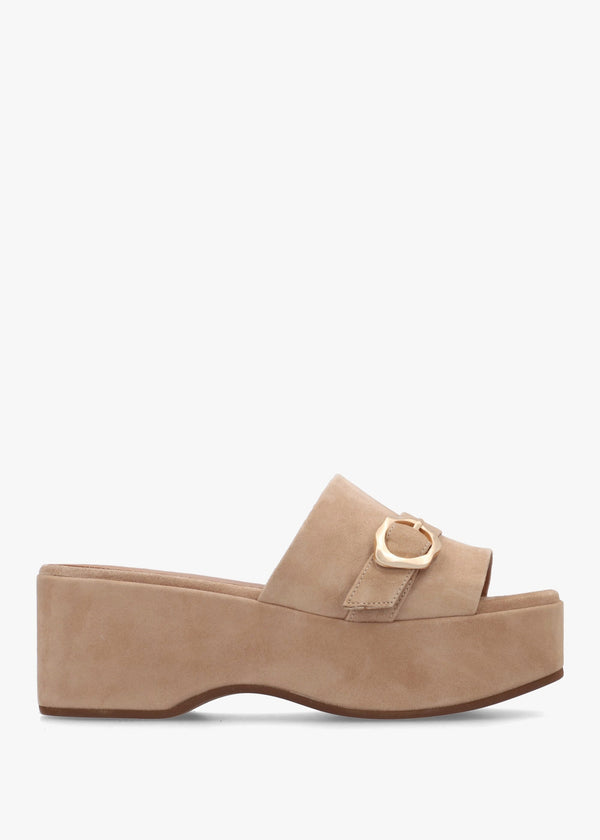 Slate Beige Suede One Bar Flatform Mules