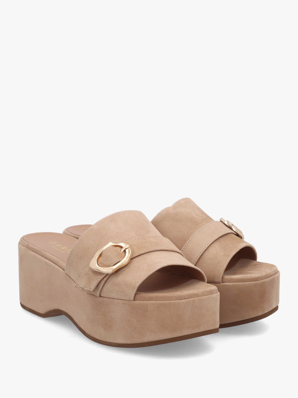 Slate Beige Suede One Bar Flatform Mules
