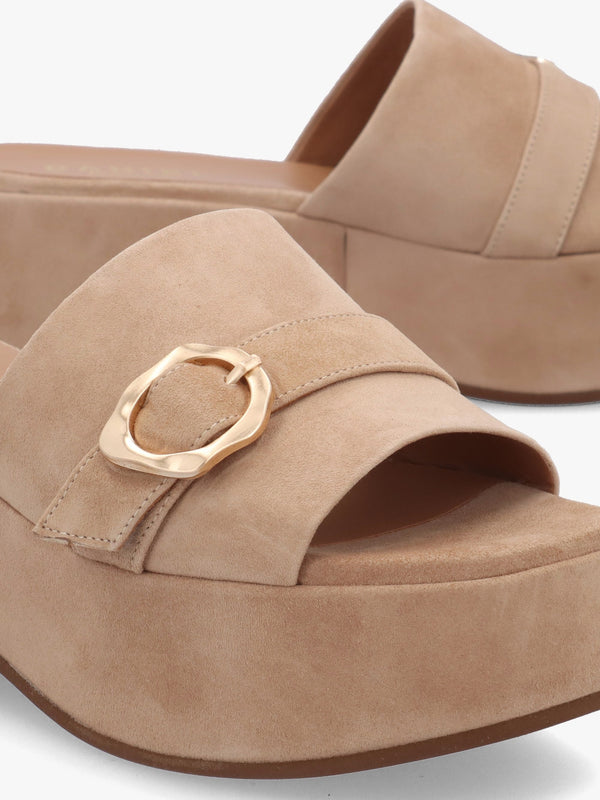 Slate Beige Suede One Bar Flatform Mules