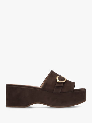 Slate Brown Suede One Bar Flatform Mules