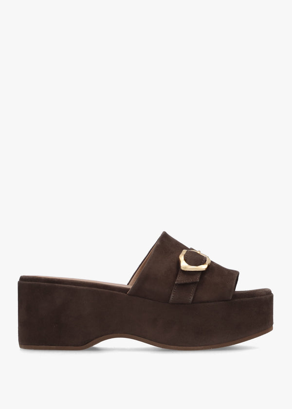 Slate Brown Suede One Bar Flatform Mules