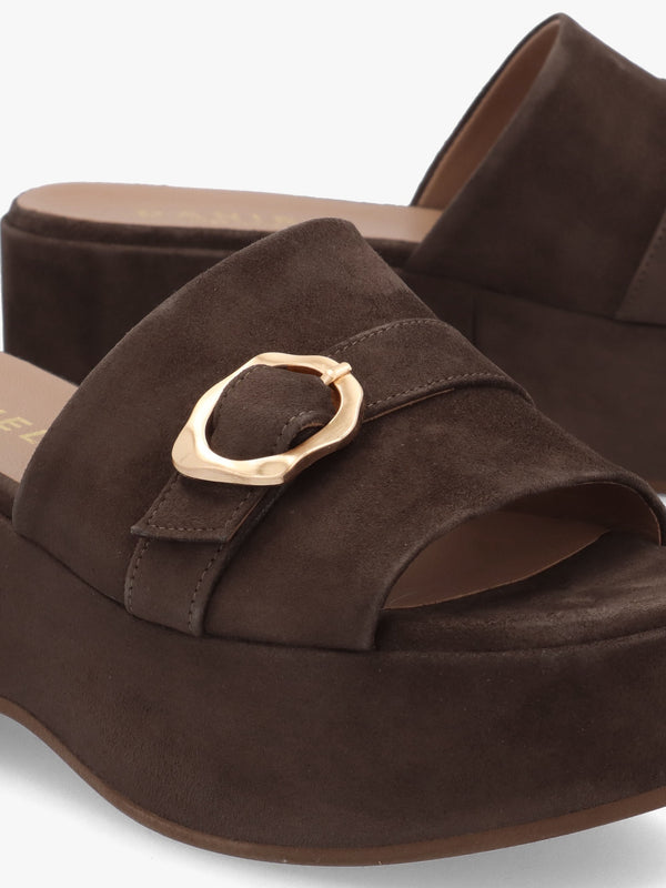 Slate Brown Suede One Bar Flatform Mules
