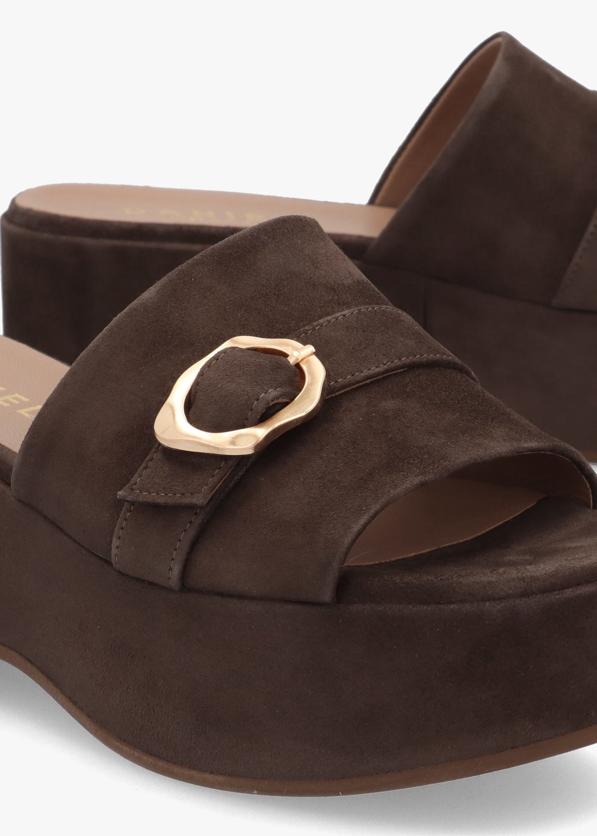 Slate Brown Suede One Bar Flatform Mules