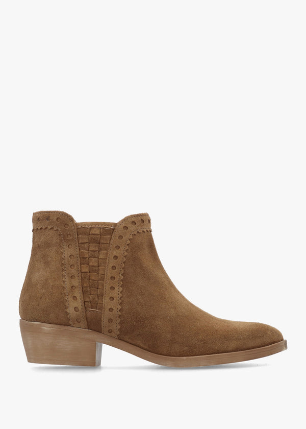 Loven Tan Suede Woven Insert Ankle Boots