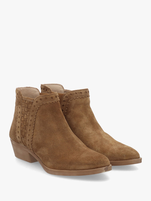 Loven Tan Suede Woven Insert Ankle Boots
