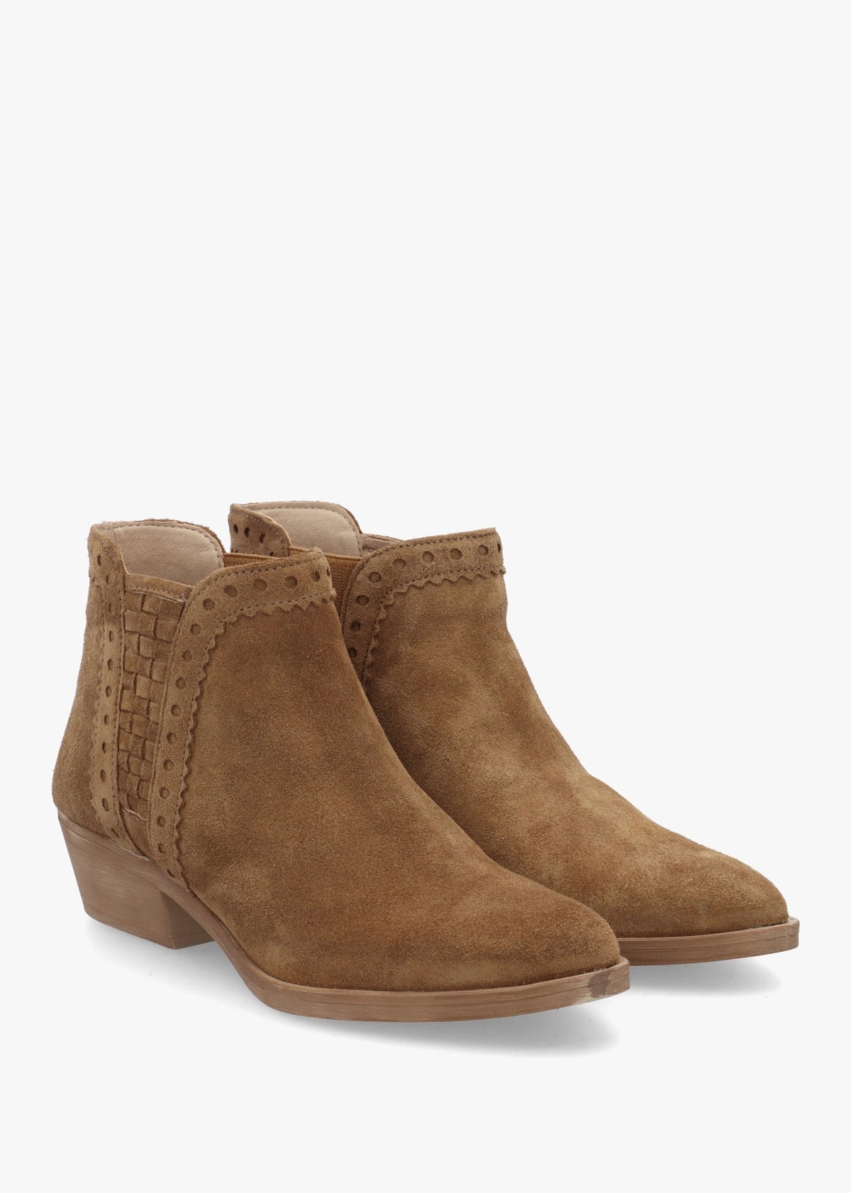 Loven Tan Suede Woven Insert Ankle Boots