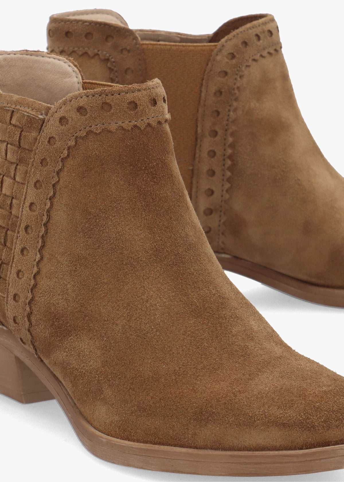 Loven Tan Suede Woven Insert Ankle Boots