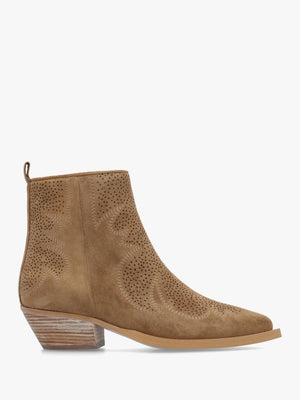 Aliya Tan Suede Perforated Western Ankle Boots