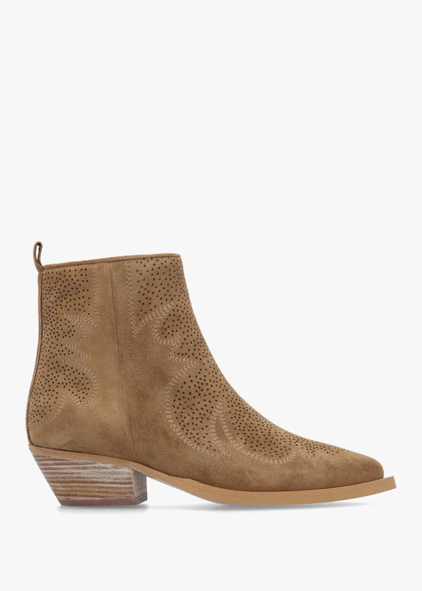 Aliya Tan Suede Perforated Western Ankle Boots