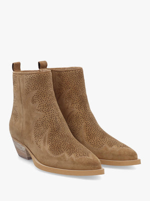 Aliya Tan Suede Perforated Western Ankle Boots