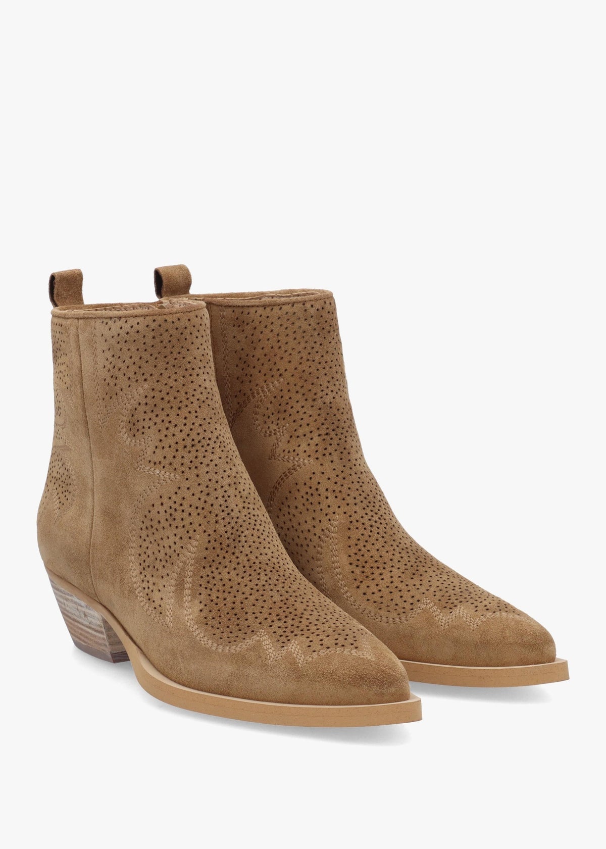 Aliya Tan Suede Perforated Western Ankle Boots