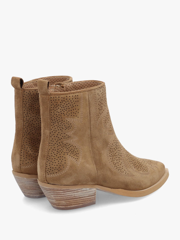 Aliya Tan Suede Perforated Western Ankle Boots