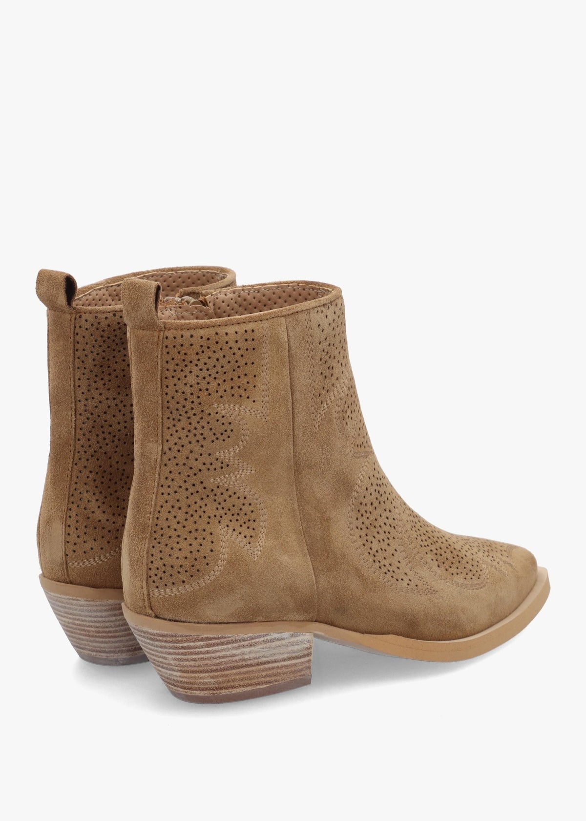 Aliya Tan Suede Perforated Western Ankle Boots