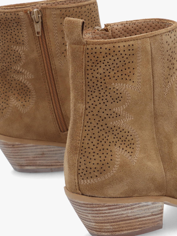 Aliya Tan Suede Perforated Western Ankle Boots